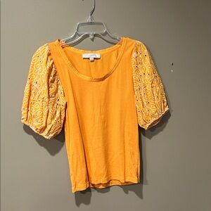 LOFT Orange Embroidered Puff Sleeve Blouse